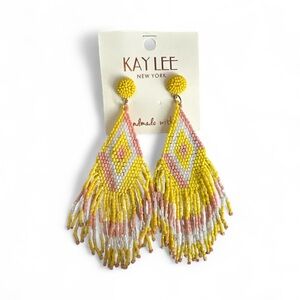 Yellow and Pink Beaded Fringe Earrings